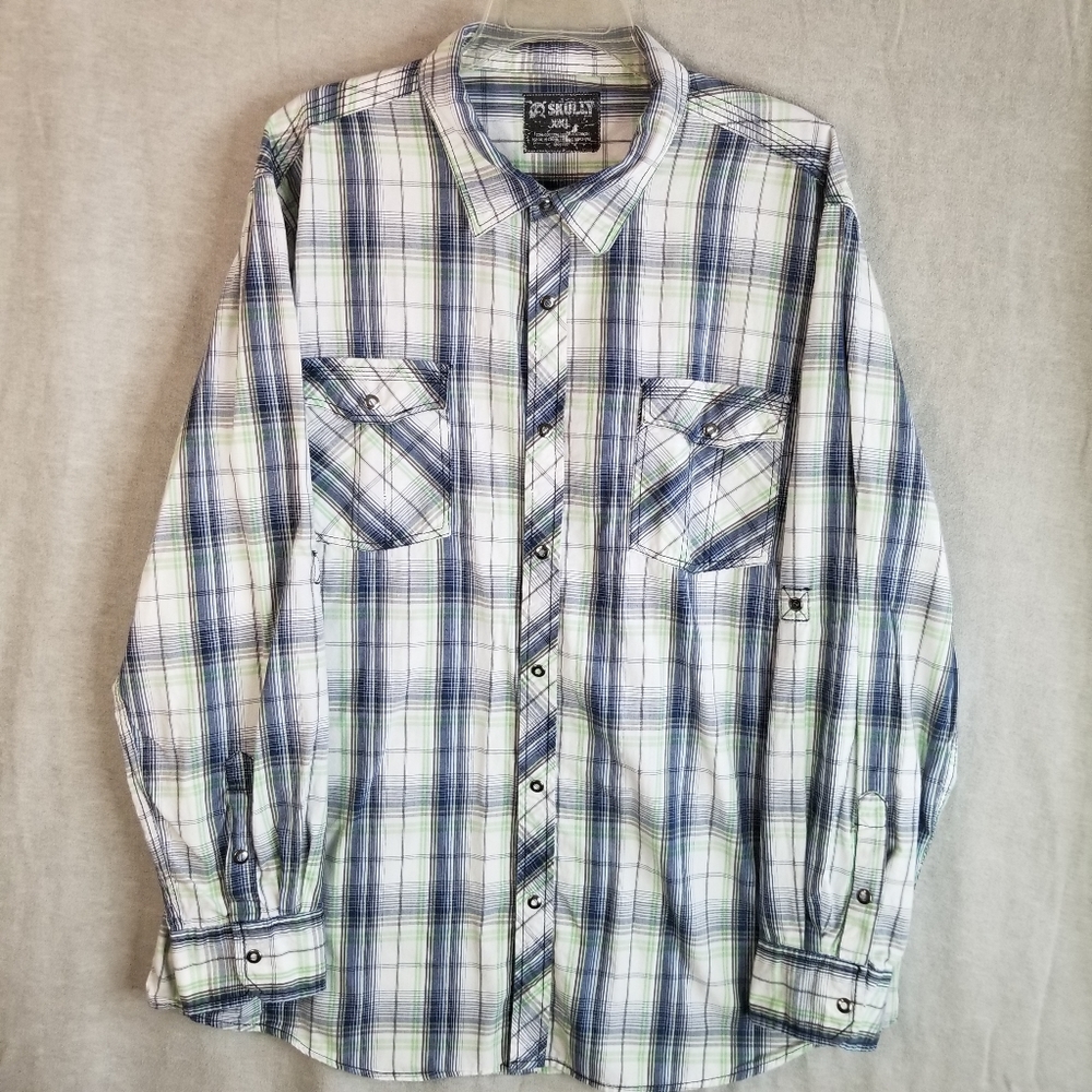 Skully‎ Western Shirt Mens XXL Blue Green Plaid Snap Pockets Long Sleeve Rodeo
